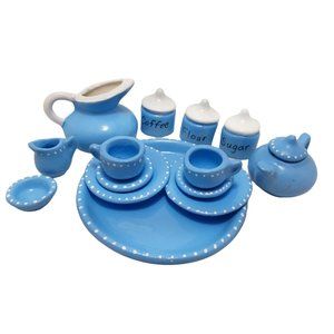 15 Pc Blue Ceramic Dollhouse Miniature Tea Lunch Dining Set Plates Canisters 80s